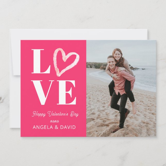 Modern Valentines Day Couples Pink Heart Holiday Card (Front)