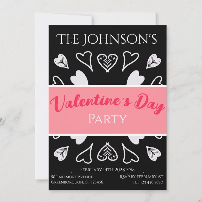 Modern Valentine's Day Party Black and White Pink Invitation (Front)