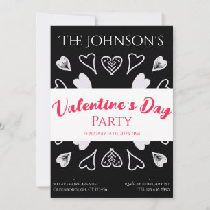 Modern Valentines Day Party Hearts Black and White Invitation