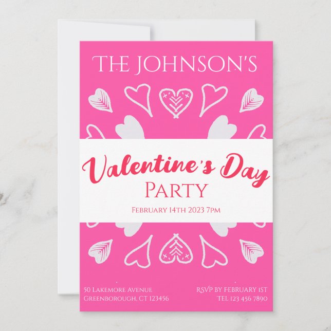 Modern Valentines Day Party Hearts Hot Pink Invitation (Front)