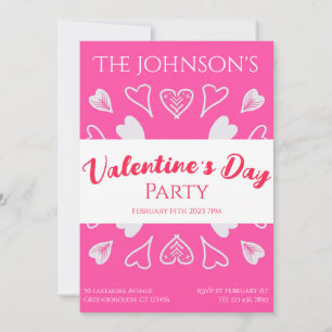 Modern Valentines Day Party Hearts Hot Pink Invitation