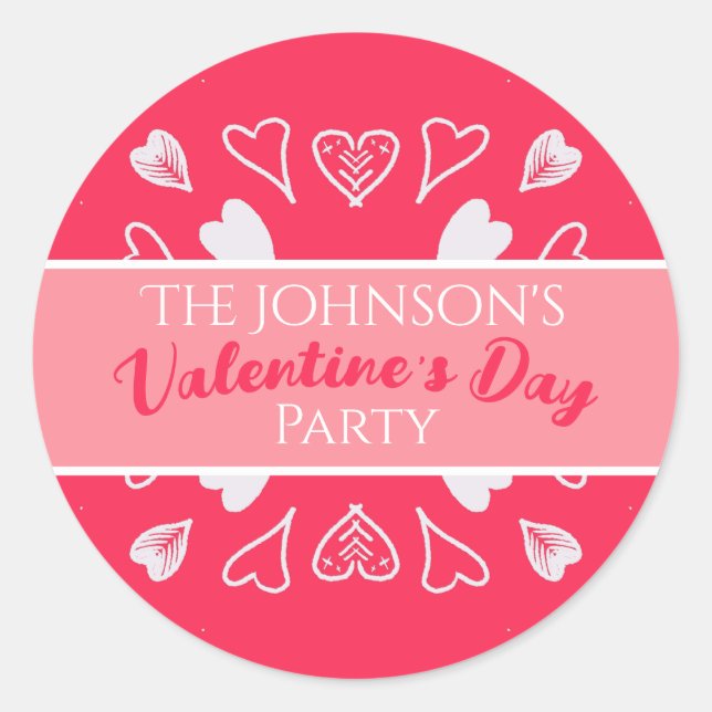 Modern Valentine's Day Party Pink Classic Round Sticker (Front)
