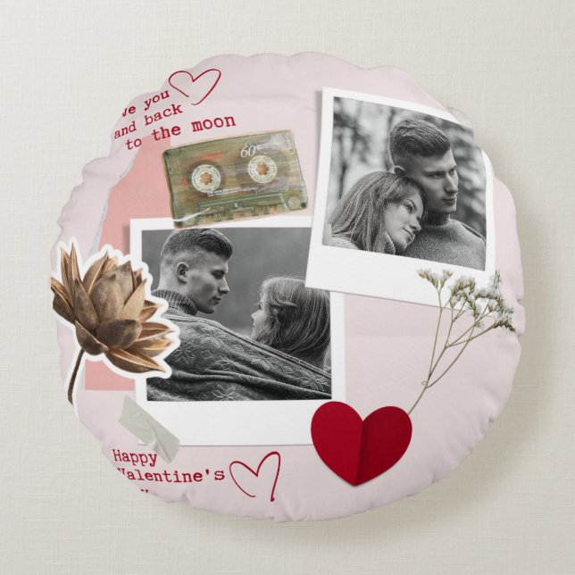 Modern Valentines Day Personalised Couple Photo  Round Cushion (Front)