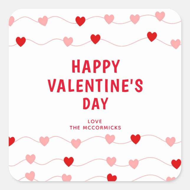 Modern Valentines Day Red Hearts Personalised Square Sticker (Front)