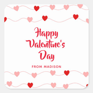 Modern Valentines Day Red Pink Hearts Personalised Square Sticker