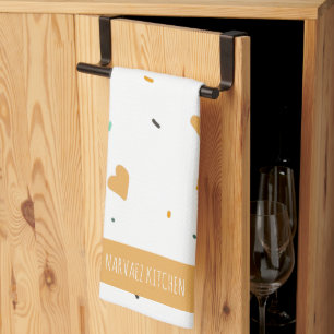 Modern Valentines Day Sprinkle Hearts Mustard     Tea Towel