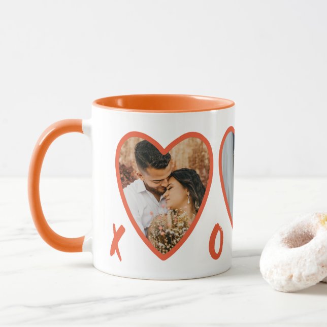 Modern Valentines Orange Hearts Photo Mug (With Donut)