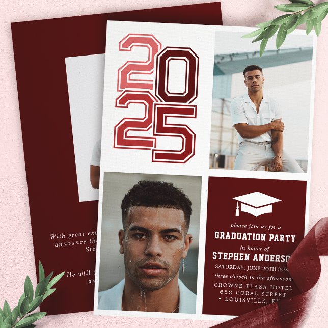 Modern Varsity Burgundy Photo Graduation Party Invitation (Creator Uploaded)