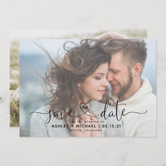 Modern Vellum 2 Photo Heart Script Wedding Save Th Save The Date (Front/Back)
