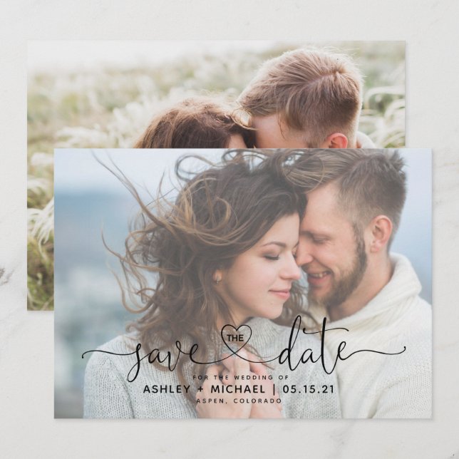 Modern Vellum 2 Photo Heart Script Wedding Save Th The Date (Front/Back)