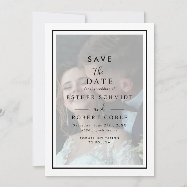 Modern Vellum Black & White Overlay Photo Wedding  Save The Date (Front)