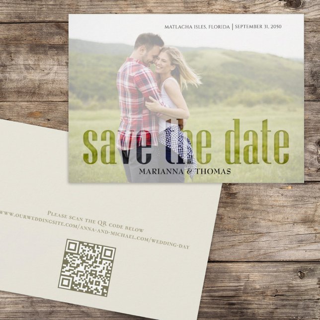 Modern Vellum Simple Elegant Photo QR Code Website Save The Date (Save the date vellum photo overlay typography photo card)