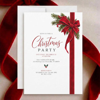 Modern Velvet Ribbon Holiday Christmas Party Invitation