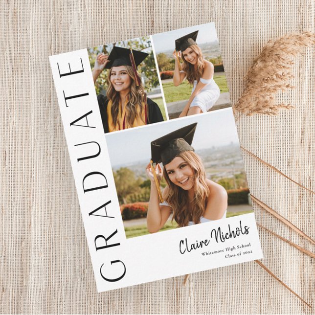 Modern Vertical 3 Photo Collage Graduation Invitation (Modern Typography 3 Photo Collage Graduation Party Announcement Invitation.)