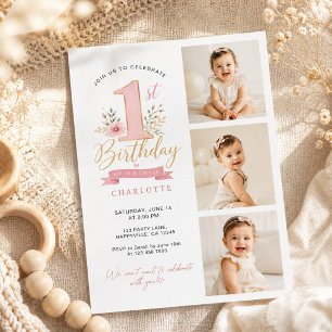 Modern Vertical Photo Collage Girl 1st Birthday Invitation