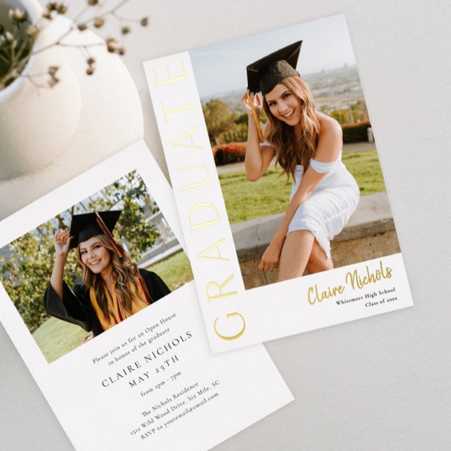 Modern Vertical Photo Graduation (Modern Typography Graduation Photo Foil Invitations.)