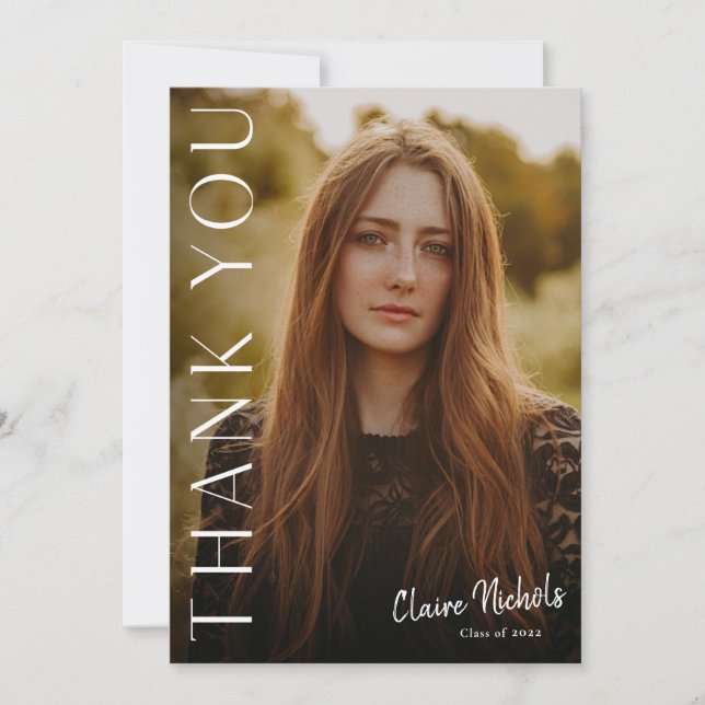 Modern Vertical Photo Graduation Thank You Card (Front)