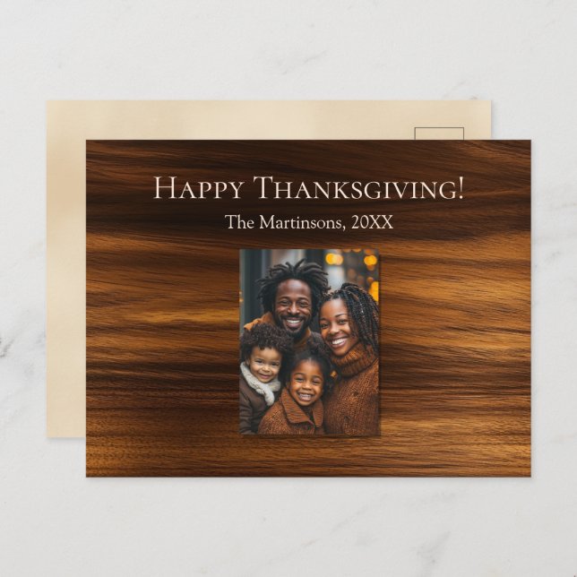 Modern Vertical Thanksgiving Family Photo Wood Holiday Postcard (Front/Back)