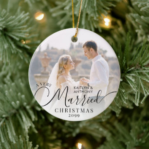 Modern Very Married Christmas 2 Photo Black White Ceramic Tree Decoration