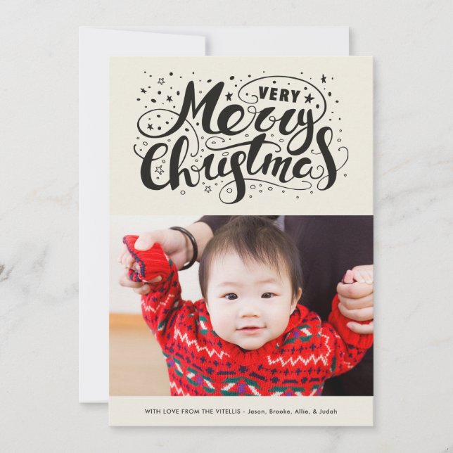 Modern Very Merry Christmas Typography Beige Holiday Card (Front)