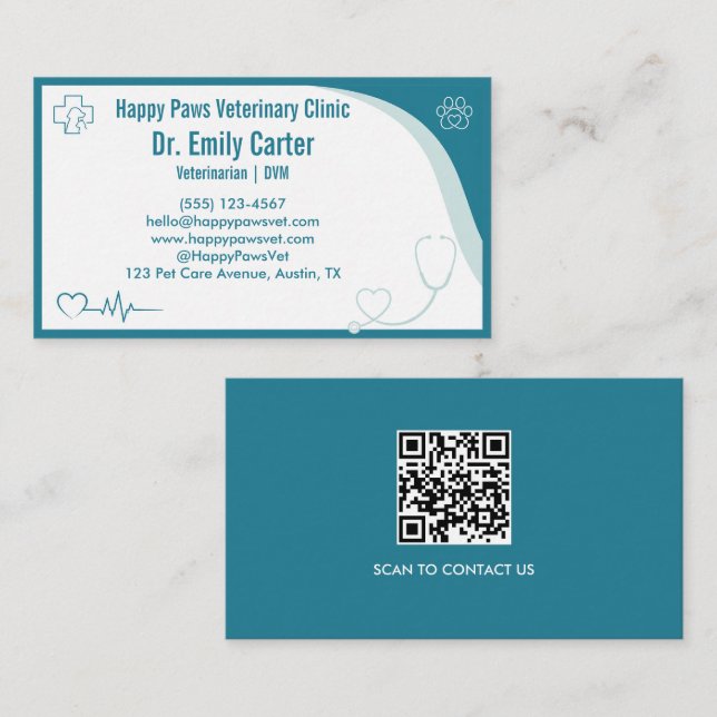 Modern Veterinarian Business Card with QR Code (Front/Back)