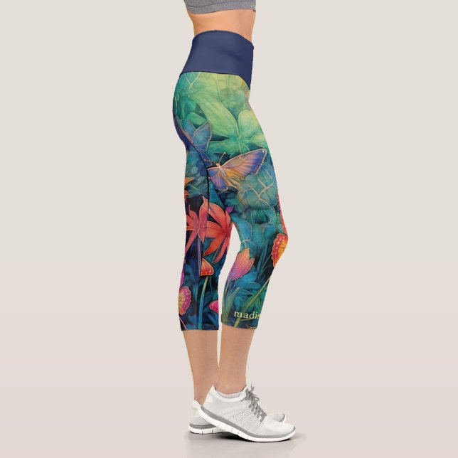 Modern Vibrant Batik Watercolor Floral  Capri Leggings (Right)