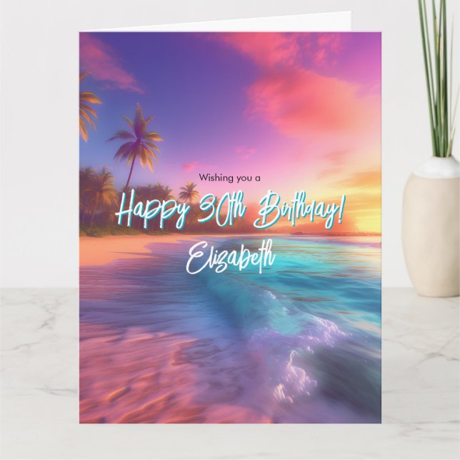 Modern Vibrant Beach Sunset 4 Photo Birthday Card (Front)