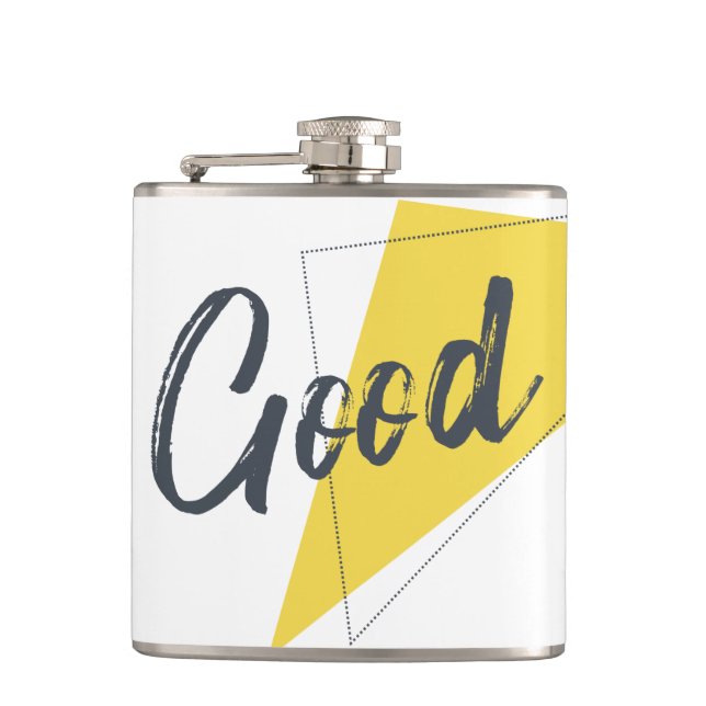 Modern, vibrant, bold graphic design of Good Hip Flask (Front)