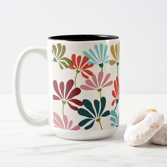 Modern Vibrant Flower Two-Tone Coffee Mug (With Donut)