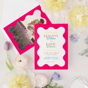 Modern Vibrant Magenta Teal Wave Photo Wedding Invitation