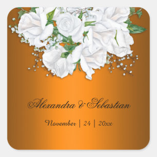 Modern Vibrant Orange and White Roses Wedding Square Sticker