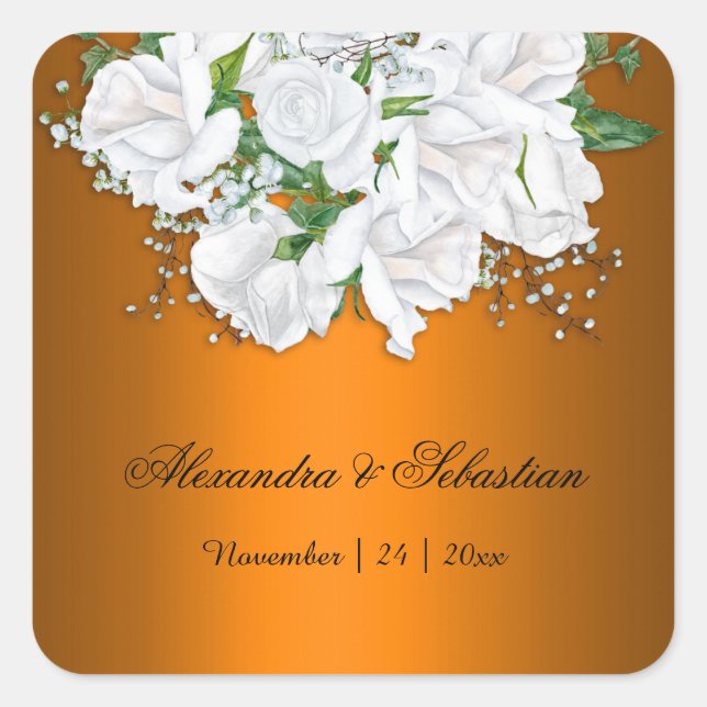 Modern Vibrant Orange and White Roses Wedding Square Sticker (Front)