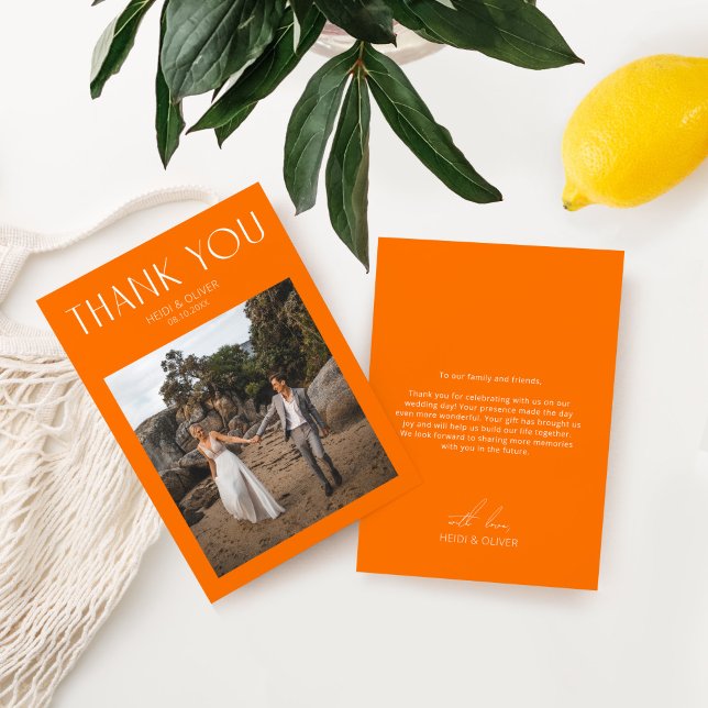 Modern Vibrant Orange Photo Wedding Thank You Card (Modern Vibrant Orange Photo Wedding Thank You Card)