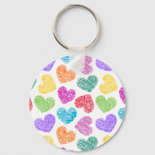 Modern Vibrant Rainbow Doodle Hearts Cute Pattern Key Ring
