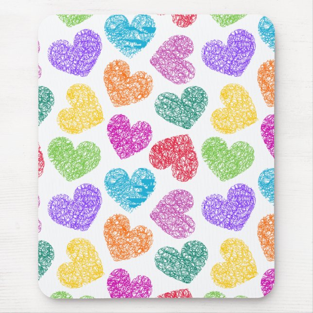 Modern Vibrant Rainbow Doodle Hearts Cute Pattern Mouse Mat (Front)