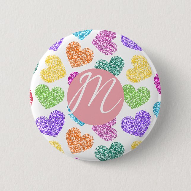 Modern Vibrant Rainbow Doodle Hearts Monogrammed 6 Cm Round Badge (Front)