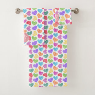 Modern Vibrant Rainbow Doodle Hearts Monogrammed Bath Towel Set