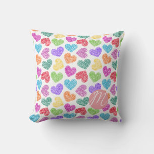 Modern Vibrant Rainbow Doodle Hearts Monogrammed Cushion
