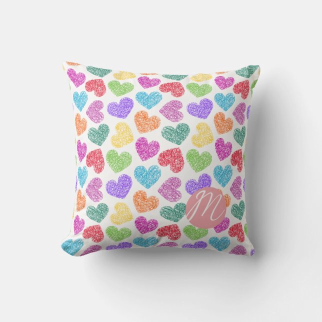Modern Vibrant Rainbow Doodle Hearts Monogrammed Cushion (Front)