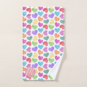 Modern Vibrant Rainbow Doodle Hearts Monogrammed Hand Towel