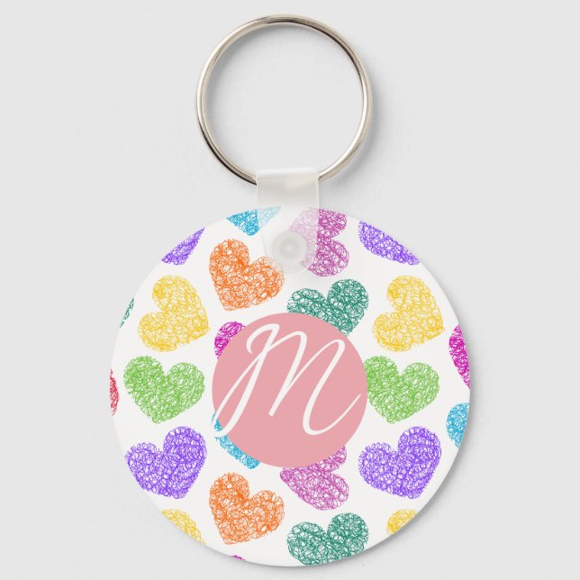 Modern Vibrant Rainbow Doodle Hearts Monogrammed Key Ring (Front)