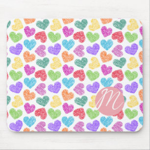Modern Vibrant Rainbow Doodle Hearts Monogrammed Mouse Mat