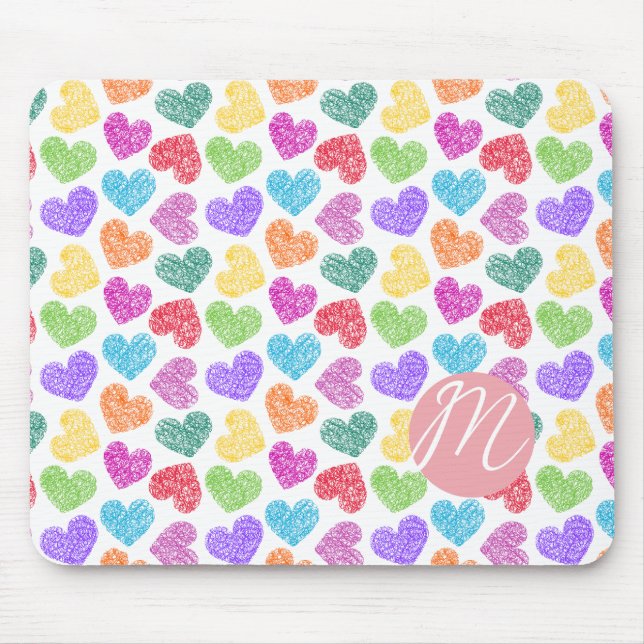 Modern Vibrant Rainbow Doodle Hearts Monogrammed Mouse Mat (Front)