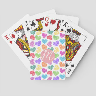 Modern Vibrant Rainbow Doodle Hearts Monogrammed Playing Cards