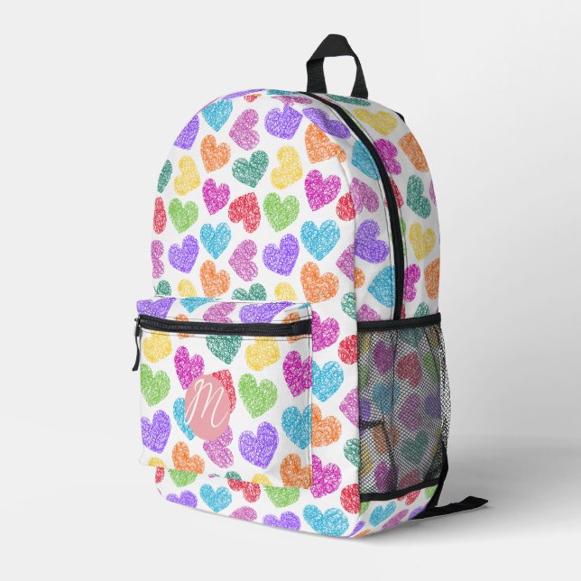 Modern Vibrant Rainbow Doodle Hearts Monogrammed Printed Backpack (Back Corner Right)
