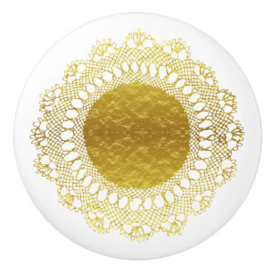 Modern Victorian Gold Foil Look Crochet Lace Doily Ceramic Knob