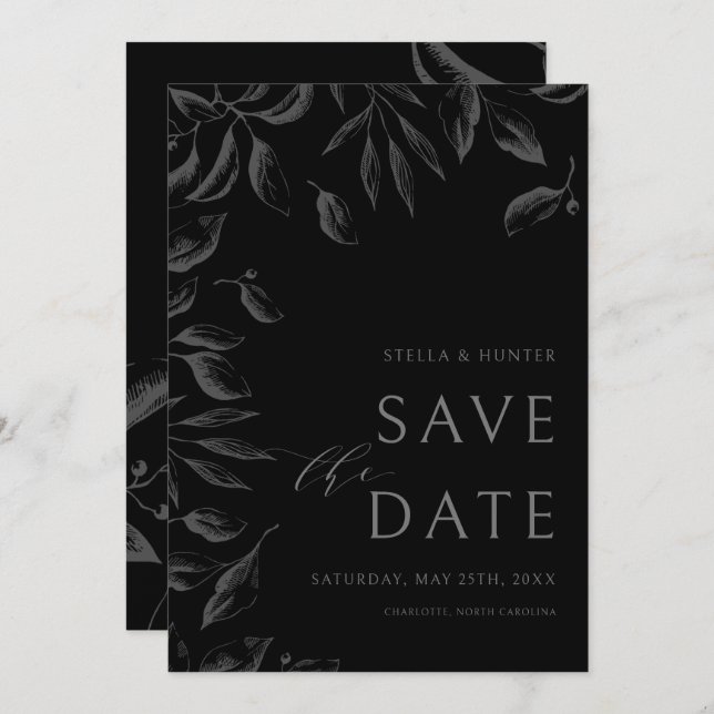 Modern Victorian Monochrome Greenery Save the Date (Front/Back)
