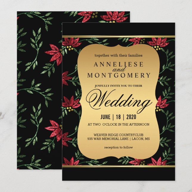 Modern Victorian Red Glitter Floral Wedding Invitation (Front/Back)