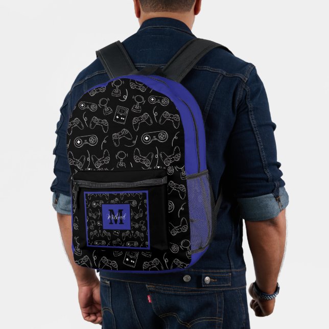 Modern Video Game Controller Gamer Monogram Name Printed Backpack (Insitu (Model))