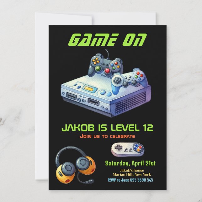 Modern Video Game Green Kids Birthday Party  Invitation (Front)